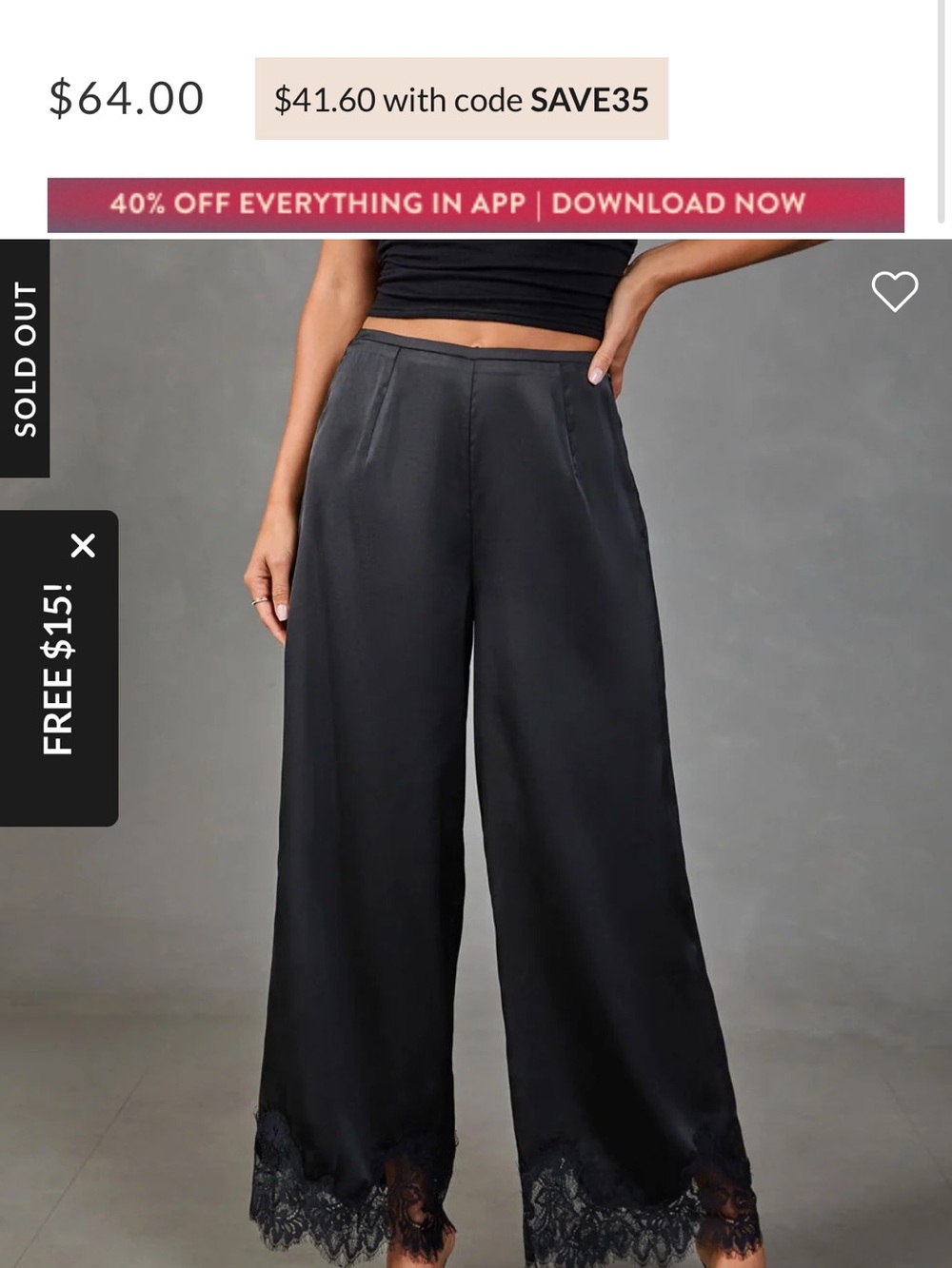 Vici Black Satin Wide-Leg Pants with Lace Trim size large